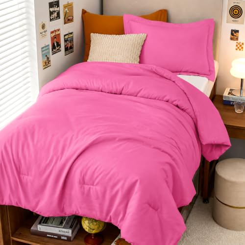 Image of MUXHOMO Twin /Twin XL Comforter Set, All Season Ultra Soft Down Alternative Bedding - 3 Piece Lightweight Bed Set Includes 1 Comforter (68 inchx88 inch) and 1 Pillow Shams (20 inchx26 inch), Hot Pink