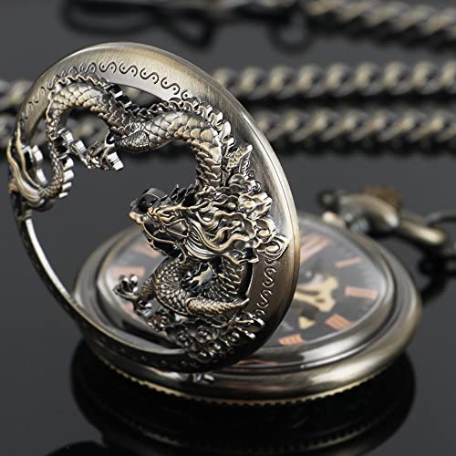 Image of Men's Mechanical Hollow Dragon Design Hand Wind Pocket Watch Roman Numerals Steampunk with Chain Box