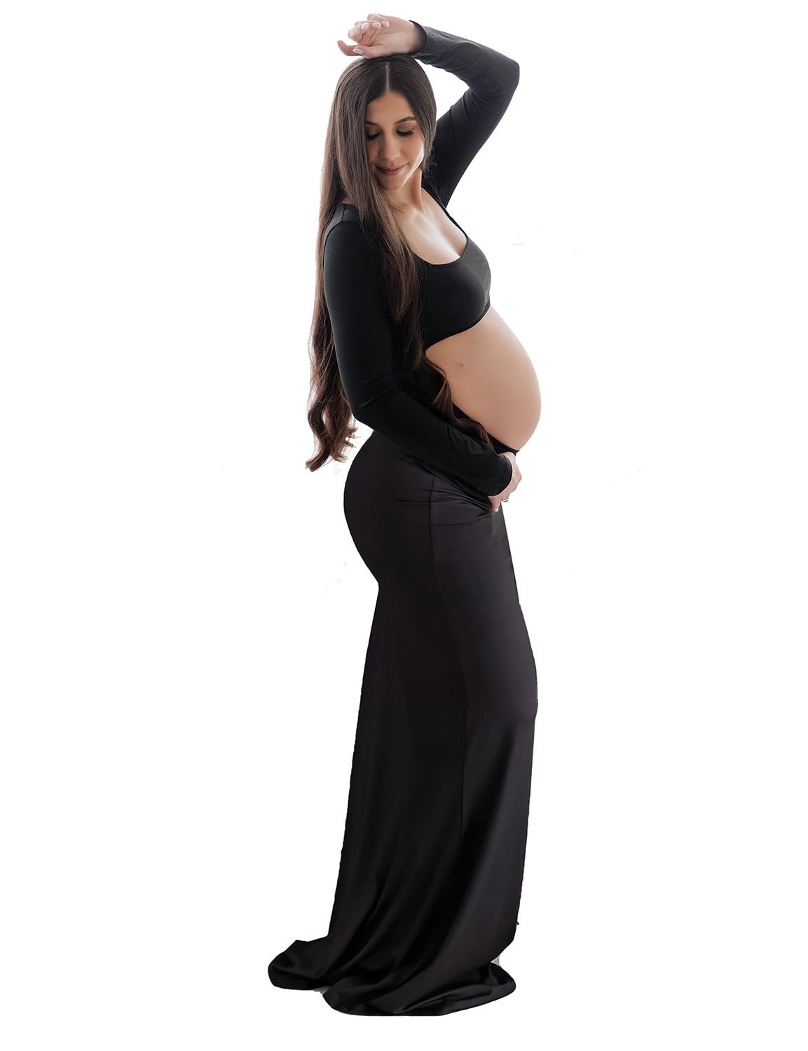 Dedysler Umstandskleid mit Ausschnitt für Fotos, offener Bauch, langärmelig, Fotografiekleid, quadratischer Ausschnitt, Umstandsoutfit Kleider
