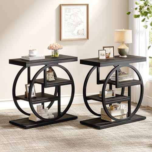 Image of Tribesigns End Table Set of 2, 4-Tier Narrow Side Table with Storage Shelves, Wood Small Sofa Side Table with Geometric Metal Frame, Modern Bedside Table for Bedroom, Living Room, Black
