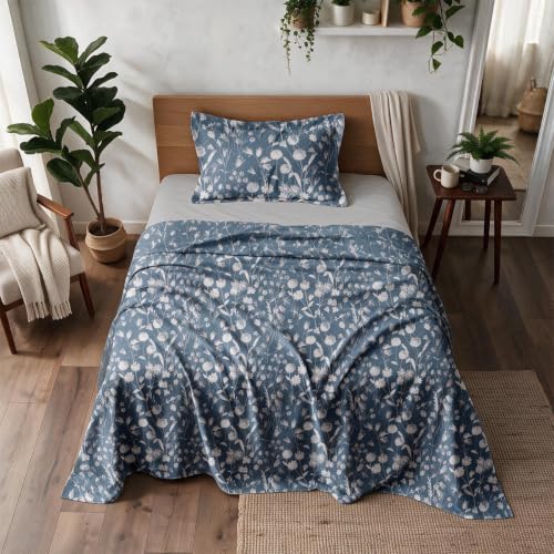 Image of Linen Home Cotton Percale Flat Bedsheet Set Double Size Blossomy Blue