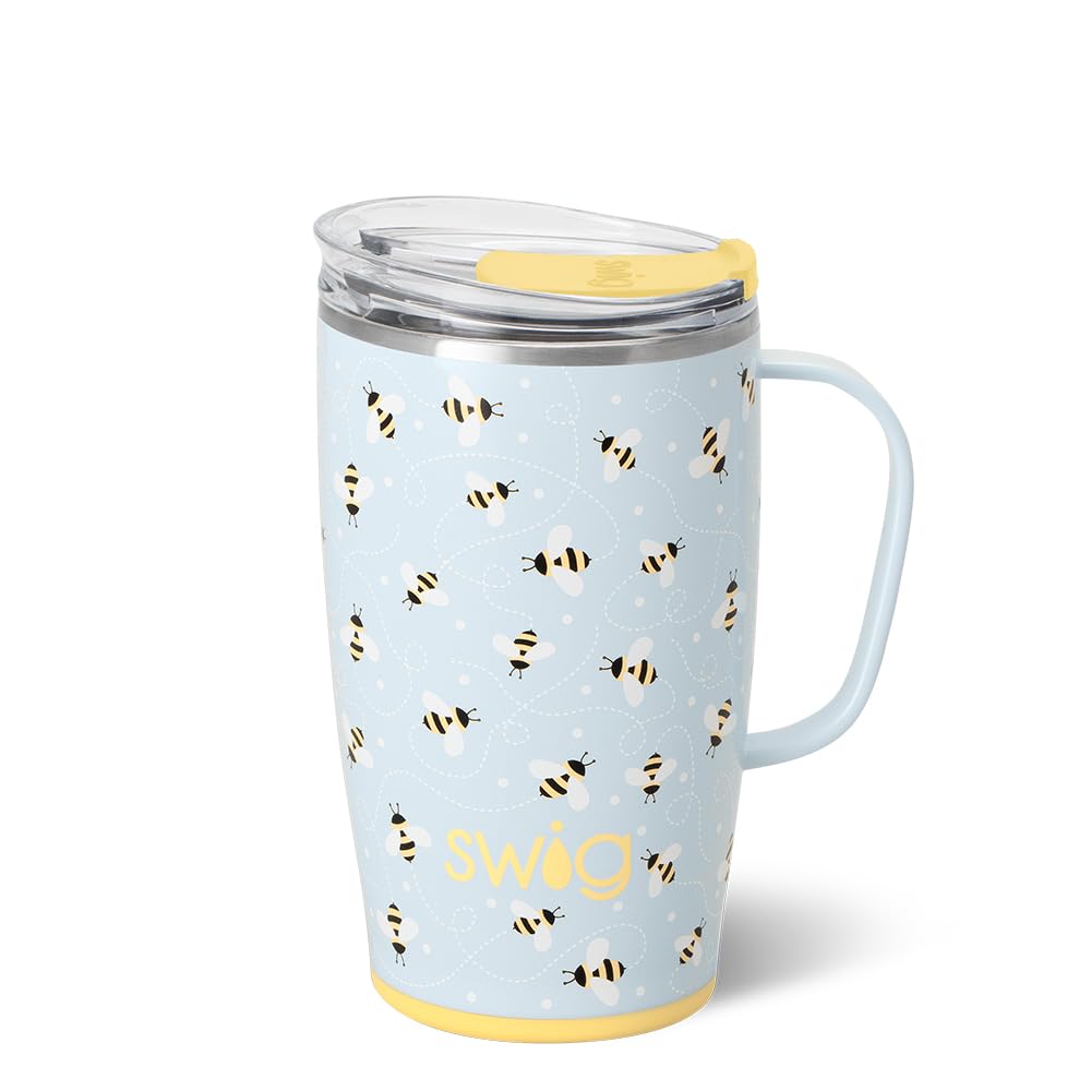 Swig Life 18oz Travel Mug, Insulated Tumbler with Handle and Lid, Cup Holder Friendly, Dishwasher Safe, Stainless Steel, Travel Coffee Cup (Busy Bee)