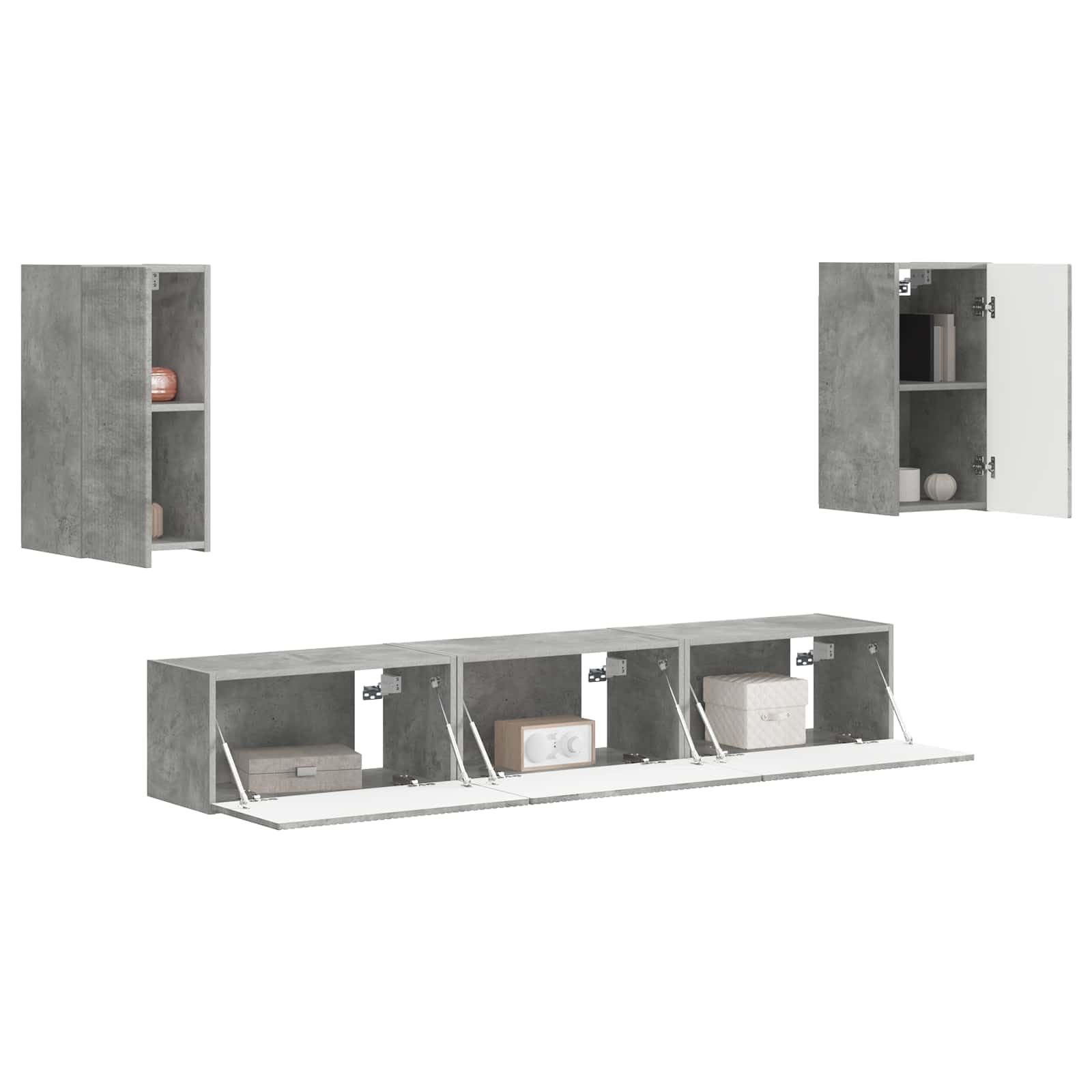 TV-Schrankset Wandmontiert 5-teilig, Beton Grau Holzwerkstoff, Modernes Media Center für Wohnzimmer, Elegante Aufbewahrungslösung