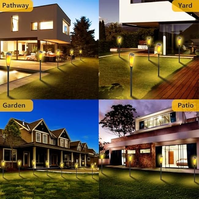 Solar Flame Lights Outdoor, 2 Pack Solar Torch Light with Flickering Flame, Adjustable Height Stake Light Path Light, Flame Torches Lights for Garden Yard Patio Walkway Outdoor Decor (Black - 2pcs)