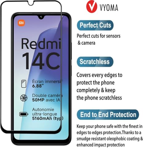 Image of VYOMA Military-Grade Gorilla Tempered Glass for Redmi 14C 5G / A5 / A4 / Poco C75 / C71 (Black) Edge to Edge Screen Protectors, High Clarity, 9H Hardness, Scratch Resistant, Military-Grade, Shatterproof, Screen Guard with Easy Installation Kit