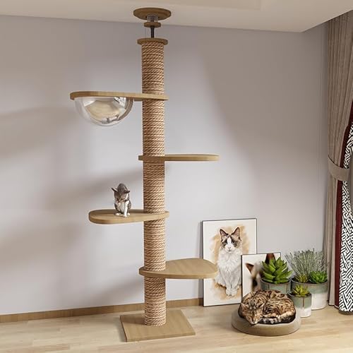 木製 キャットツリー キャットタワー 突っ張り 全縄巻き 運動不足 爪研ぎ ストレス解消 太い支柱 Demanca 多頭飼い 安定性良い 猫ツリー キャットランド 木登りタワー 多層無垢材 太い支柱 スリム 宇宙船 ハンモック 多頭飼い 大型猫用 猫タワー