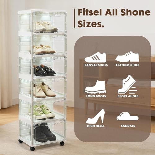Image of Collapsible Shoe Rack Organizer with Doors & Lights, 6-Tier Foldable Shoe Cabinet with Wheels, Large Plastic Shoe Shelf with Transparent Windows, Easy Assembly Storage for Entryway Hallway