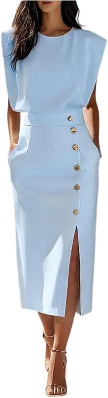 Kleid Hochzeitsgast Damen Midi Festliche Kleider Sommer A Linie Abendkleider Elegant FĂĽr Hochzeit Tailliert Schick Abschlusskleider Frauen mit Schlitz Business Midikleid mit Taschen