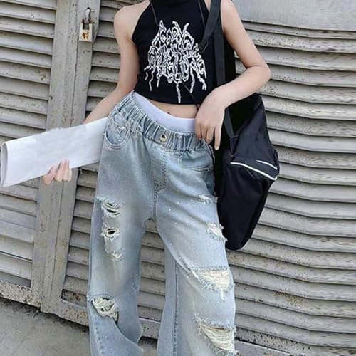 Girls' Barrel Jeans Distressed Ripped Hole High Rise Pull On Jeans Soft Cotton Flared Jeans for Girls 10-122