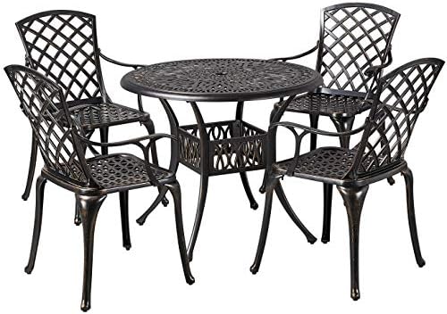 Yaheetech 5-Piece Outdoor Furniture Dining Set, All-Weather Cast Aluminum Conversation Set for Yard Garden Deck, Includes 4 Chairs and 1 Round Table with Umbrella Hole