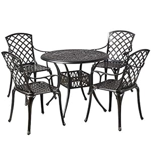 Yaheetech 5-Piece Outdoor Furniture Dining Set, All-Weather Cast Aluminum Conversation Set for Yard Garden Deck, Includes 4 Chairs and 1 Round Table with Umbrella Hole