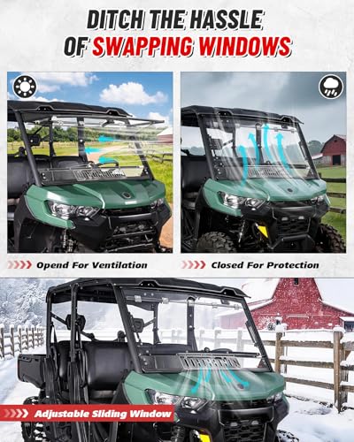 Image of StarknightMT 3-in-1 Flip Windshield with Adjustable Slide-Vent for Defender | Compatible with Can-Am Defender 2016-2026, No-Vibration, Scratch-Resistant Polycarbonate, UV-Proof, Full Front Window, Clear