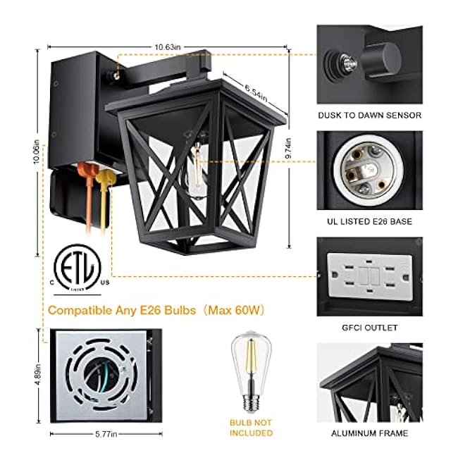 Porch Lights with Outlet, Dusk to Dawn Outdoor with Outlet Built-in, Waterproof Anti-Rust Aluminum Outside Light with GFCI Outlet, Wall Sconce Light with Plug for Front Door (Black 1PC)