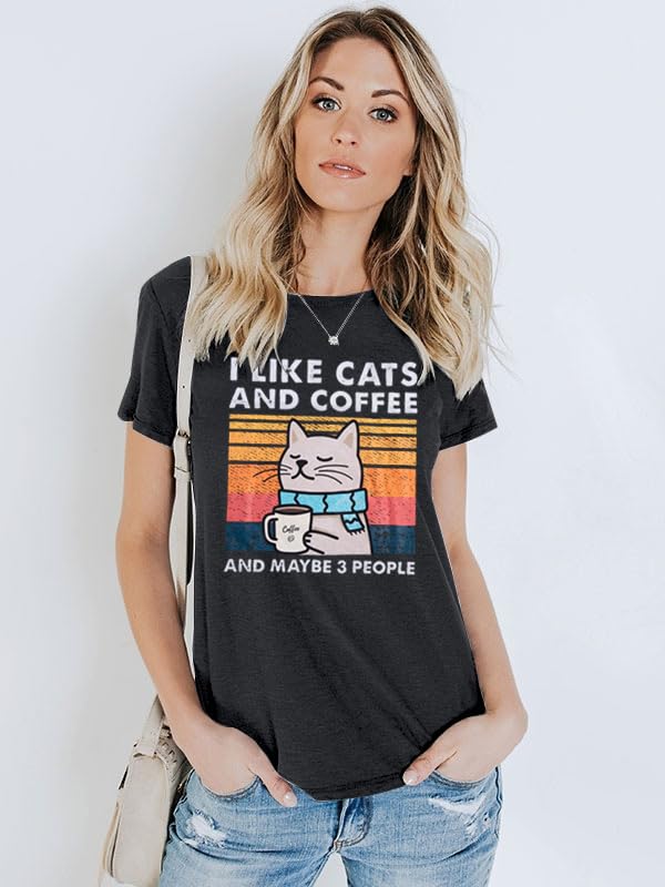 Cat Shirt I Like Cats and Coffee and Maybe 3 People Graphic T-Shirt Vintage Cat Lover Shirts Retro Coffee Lover Gift Tee Tops3