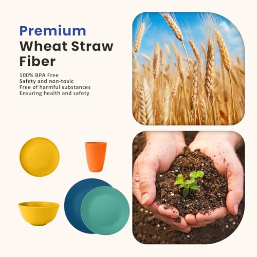Homienly 40-Piece Premium Wheat Straw Dinnerware Sets, Service for 8, Unbreakable Plates and Bowls Set - Cups Sets, Dinner Plates, Bowls for Kitchen,Dishwasher and Microwave Safe Dishes Set - Multi - Image 4