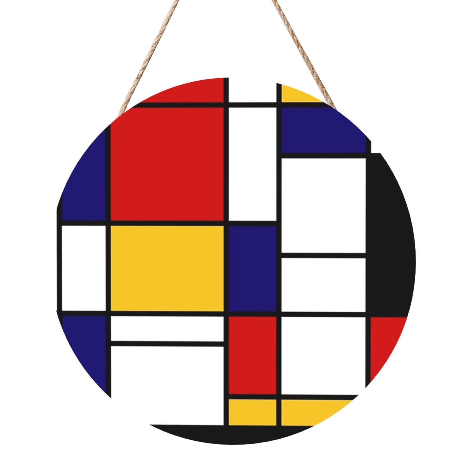 InOmak Mondrian Style, Round Wood Panel Painting 12 in, Wall Hanging Painting For Home