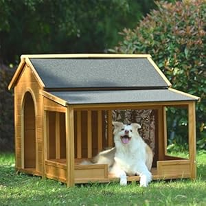 Merax 60.2″ Wooden Dog House Outdoor, Extra Large Breed Outside Kennel with Porch, Side Window and Doors, Elevated Floor, Weatherproof Asphalt Roof and Fencing