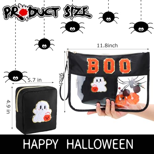 Hillban 2 Pcs Summer Halloween Gifts Chenille Letter Bags Boo Patch Makeup Bag Spooky Pumpkin Flat Clear Pouch PVC Organizer Purse Waterproof Travel Cosmetic Bag Portable Storage Case for Women2