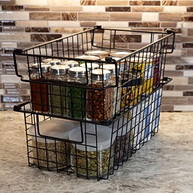 Home-Complete Set of 2 Storage Bins for Kitchen and Bathroom Organizer - Basket Set for Toy, Kitchen, Closet, and Bathroom Storage - Medium Shelf Organizers with Handles (Black)