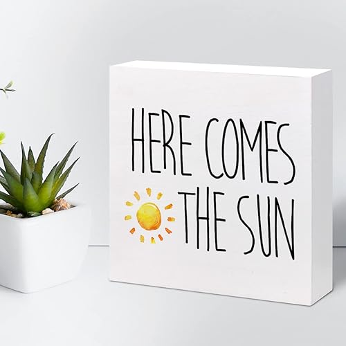 Miniatura 5 de z-crange Decoración de escritorio de verano, Here Comes The Sun - Letrero de madera inspirador para decoración de escritorio, caja rústica con sol