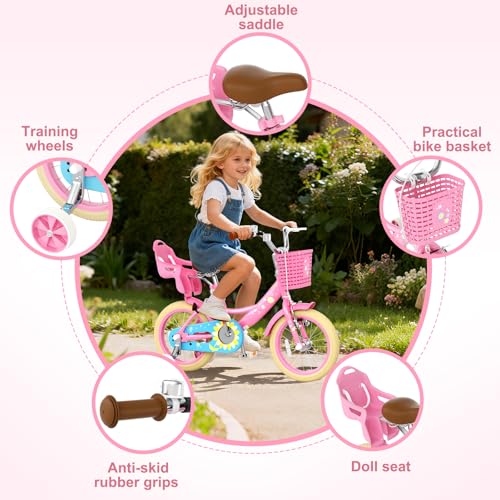 Image of Glaf Girls Bike Bicycle for 2-12 Years Old 12 14 16 20 inch Kids Toddler Bike with Training Wheels and Basket,Doll Seat, Kids Bike Bicycle for Gift