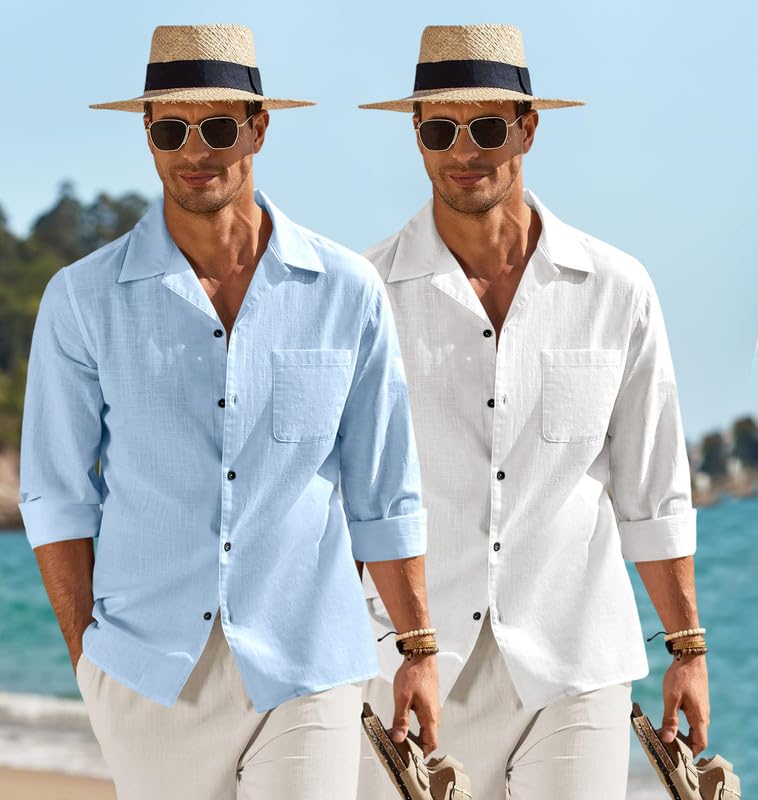 Image of Combo of Men's Casual Cotton Blend Shirt || Long Sleeve Button Down with Spread Collar | Lightweight Breathable Fabric | Stylish Solid Shirt for Beach, Office & Everyday Wear Pack of 2