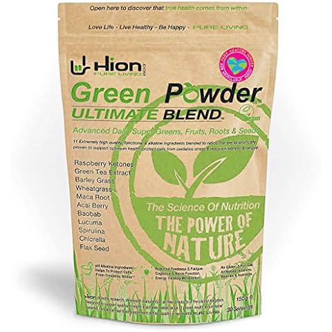 Hion Green Powder - ULTIMATE BLEND - THE UKs #1 Super Greens Powder. Zero Inulin, maltodextrin or any other useless fillers added. Give your body the nutrients it needs! | The ORIGINAL industry-leading Vegan, alkaline & gluten-free Super Greens Powder with REAL results! Cover