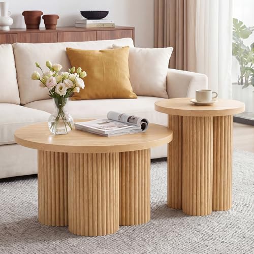 MAHYIZYI Nesting Coffee Tables Set of 2, Fluted Nesting Tables for Living Room, Multifunctional Round Coffee Table & Side Table Set Small Wooden Center Tables for Small Spaces Office(Natural)