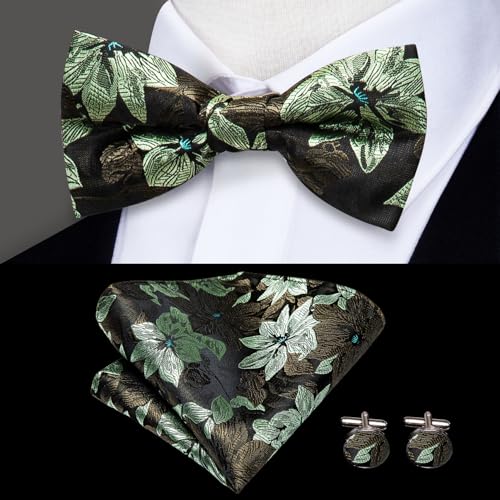Image of Hi-Tie Suspender Bowtie Green Brown for Men Adjustable Y-Shape 6 Clips Trouser Braces Pre-Tied Bow Tie with Handkerchief Cufflinks