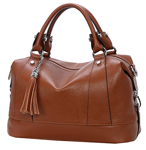 Image of HESHE Genuine Leather Purse for Women Satchel Tote Bags Shoulder HandBags | Soft Top Grain Leather,Tassel,Large Capcity,Adjustable Long Strap,Roomy,Top Handle,Crossbody,Trendy,Travel,Work,Daily Use