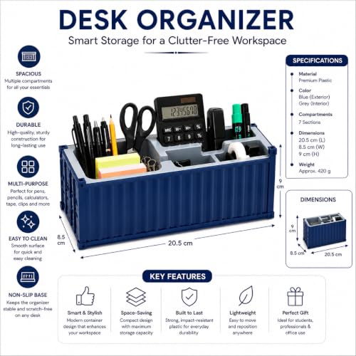 Image of Desk Organizer Office Supplies Multi Function Shipping Container Style Storage Box Pen Pencil Business Card and Remote Control Holder for Office and Home DARK BLUE 4 Section