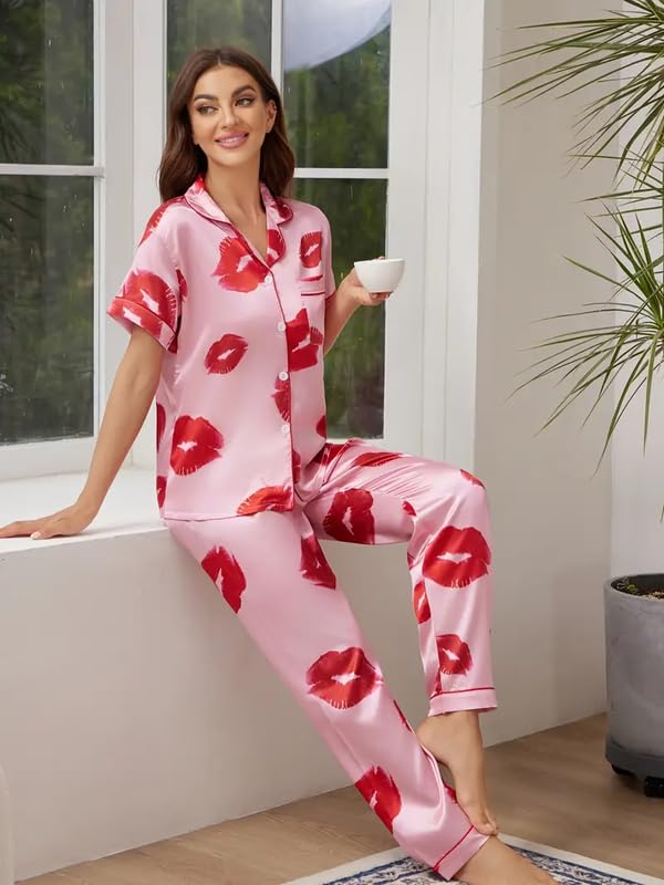 Image of Night Suit for Women with Full Sleeve Button-Down Top with Pant Dress for Woman,Night Dress for Woman, Two-Piece Loungewear Set