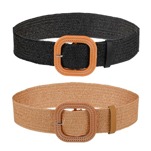 2pcs Braided Waist Belts for Women, Braided Dress Belt Straw Woven Elastic Belt with Square Button Boho Wide Stretch Braided Belt for Girls Women (Black, Light Camel)