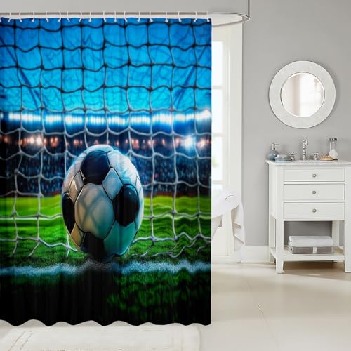 Image of Feelyou Football Shower Curtain for Stalls Bathtubs Sports Theme Bathroom Shower Curtain Set Soccer Ball Bath Curtain Room Decor Competitive Games Waterproof Bathroom Curtains 72x84 Inch