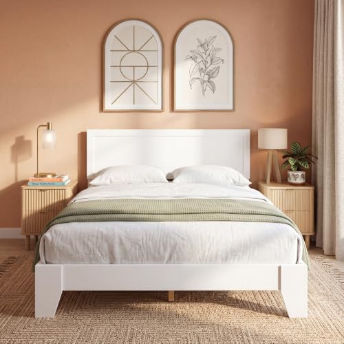 Image of GIANTEX Queen Size Wooden Bed Frame with Headboard, Wood Slat Support | Modern Platform Bed with Heavy Duty Mattress Foundation, Under-Bed Storage, No Box Spring Needed, Easy Assembly (White)