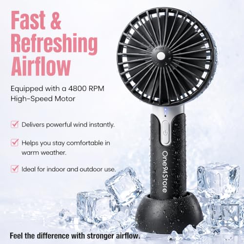 Image of One94Store High Speed Portable Hand Fan, 4800 RPM, 1200mAh USB Rechargeable Battery, Up to 6H Runtime, 3 Speed Modes for Travel, Office & Outdoor, Black - Mini Fan, Hand Fan, Small Fan, USB Fan
