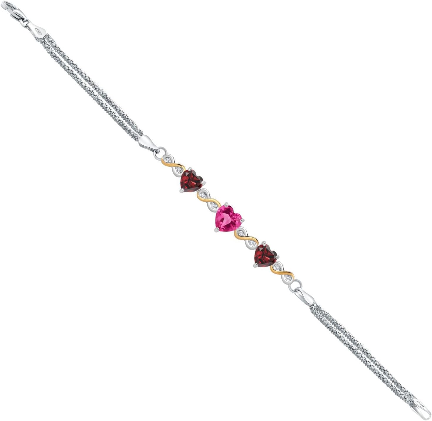 Gem Stone King 925 Silver and 10K Yellow Gold Pink Created Sapphire and Red Garnet and White Lab Grown Diamond Bracelet For Women (3.48 Cttw, September Birthstone, Heart 7MM and 6MM, 6.5/7/7.5 Inch,