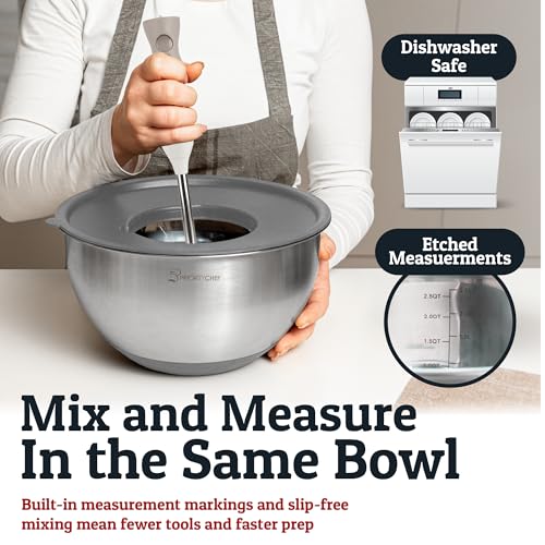 Priority Chef Stainless Steel Mixing Bowls with Lids Set, Metal Nesting Bowls with Airtight Lids, Graters, Non-Slip Base & Measurement Marks, Includes Utensil Set for Prep, Baking & Storage, Grey