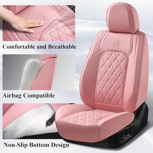 Image of Coverado Car Seat Covers Full Set, Pink Leather Seat Covers for Cars, Universal Waterproof Car Seat Cover, Luxury Front and Back Car Seat Protector, Automotive Seat Covers Fit for Most Cars, Pink