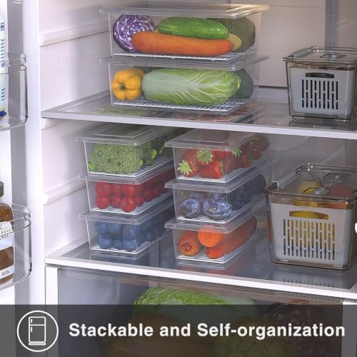 Image of Fridge Organizer with Removable Drain Plate and Secure-Sealing Lids, Fridge Storage Boxes for Fresh Fruits and Vegetables, Food Container Box Set (2)
