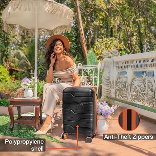 Image of Nasher Miles Cannes Hard-Sided Polypropylene Cabin Luggage 20 inch | 55cm | 8 Wheels Small Trolley Bag for Travel | Suitcase (Black Orange)