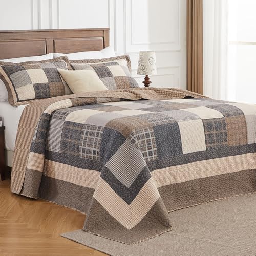 FineStichery Oversized King Bedspread 128x120, 100% Cotton Farmhouse California King Quilt Set, Patchwork Plaid Coverlet, Quilted Reversible Bedding Cover, 3 Pieces, Brown/Charcoal/Beige