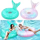 Junkin2 Pcs Mermaid Pool Float 43.3 Inch Mermaid Tail Pool Inflatables Float Adults Swimming Raft with Cup Holder, Backrest, Mesh Bottom for People Over 8 Years Lounge Floaty Chair