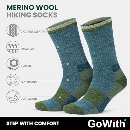 GoWith 2 Pairs Merino Wool Full Cushion Hiking Socks for Men & Women, Thermal Warm Seamless Crew Boot Socks for Mountaineers4