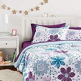 Amazon Basics Kids Bed-in-a-Bag Microfiber Bedding Set, Easy Care, Full/Queen, Purple Flowers - Set of 7 Pieces