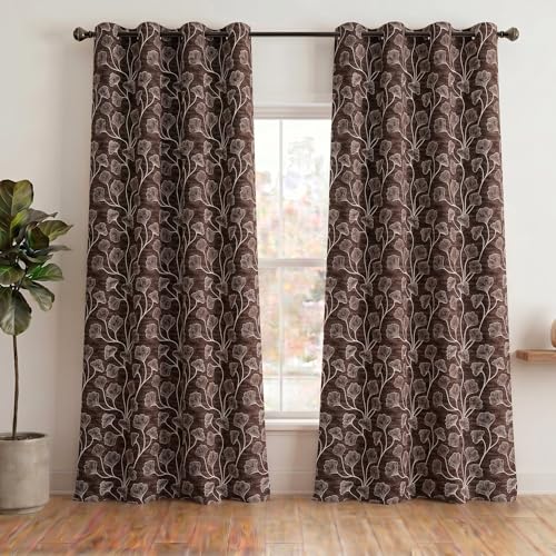 Image of Home Sizzler Ginkgo Leaf Eyelet Polyester Semi-Transparent Long Door Curtains - 9 Feet, Pack of 2, Light Brown