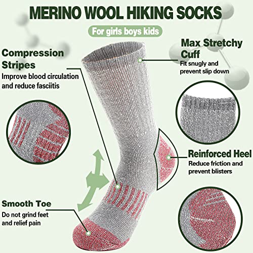 Sandsuced Kids Merino Wool Hiking Socks Girls Boys Winter Thermal Warm Cozy Boot Thick Cushion Gift Stocking Stuffers Socks 4 Pairs(Purle/Blue/Red/Grey,8-12 Years) #TOP2