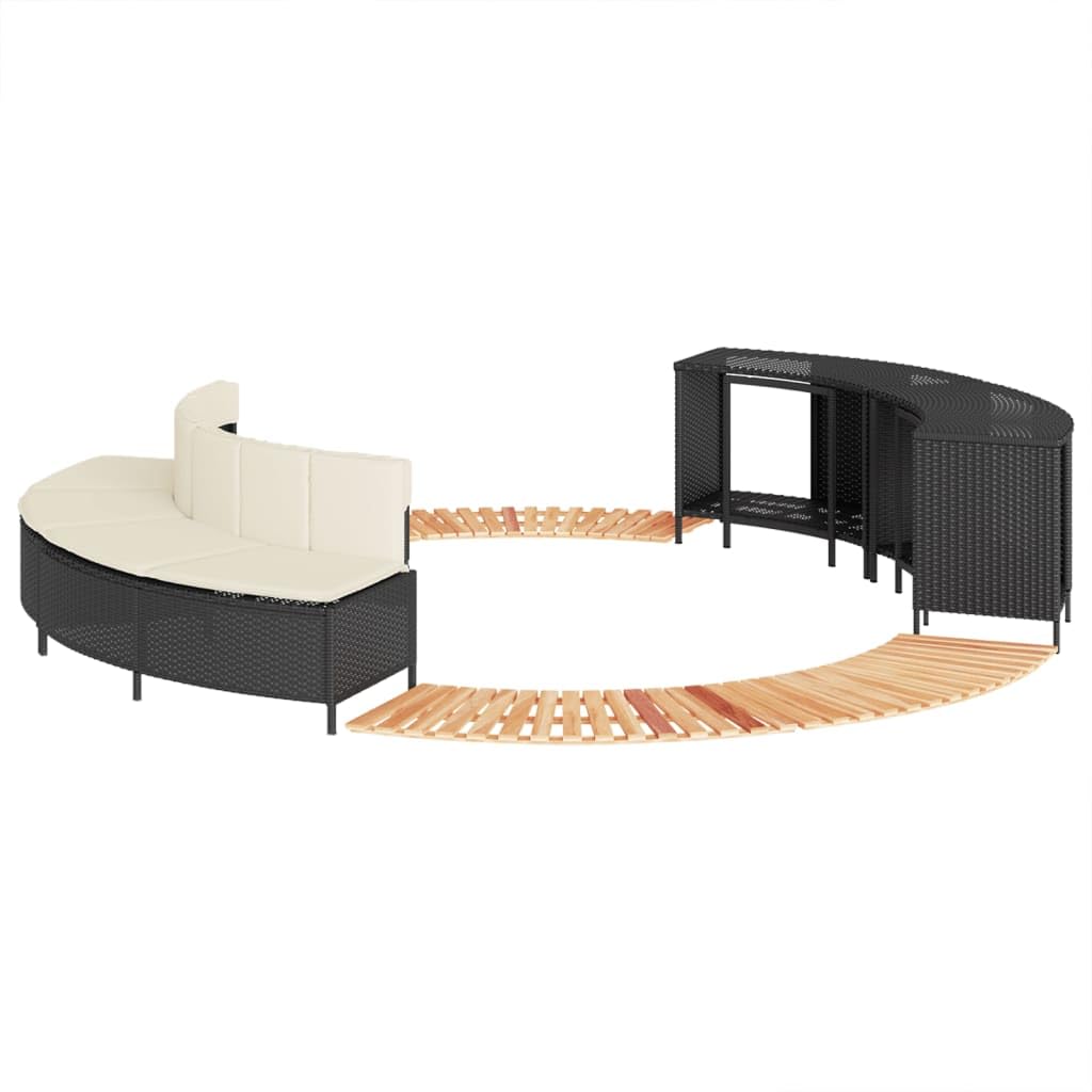 Ribete para bañera de hidromasaje de polirratán negro con madera maciza de acacia, 2 bancos, 4 peldaños, compartimentos de almacenamiento, cojines extraíbles, accesorios de piscina de jardín