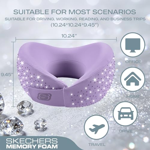 Skechers Oreiller de voyage en strass brillant pour voyage, oreiller de voyage en mousse à mémoire de forme diamant scintillant pour avion, oreiller de voyage pour appui-tête de vol, accessoires d'avion portables, violet – Image 5