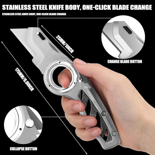 Image of Tondiamo 2 Pcs Folding Pocket Utility Knife Heavy Duty Box Cutter Folding Razor Knife with Anti Slip Finger Loop Easy Change Blades 3 Lock Positions Design (Gray)